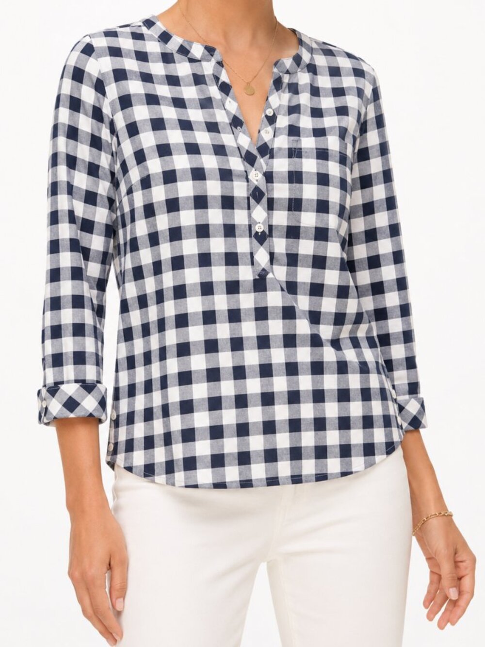 Talbots Lightweight Popover Long Sleeve Classic Navy Plaid Preppy Top [Size Mp]